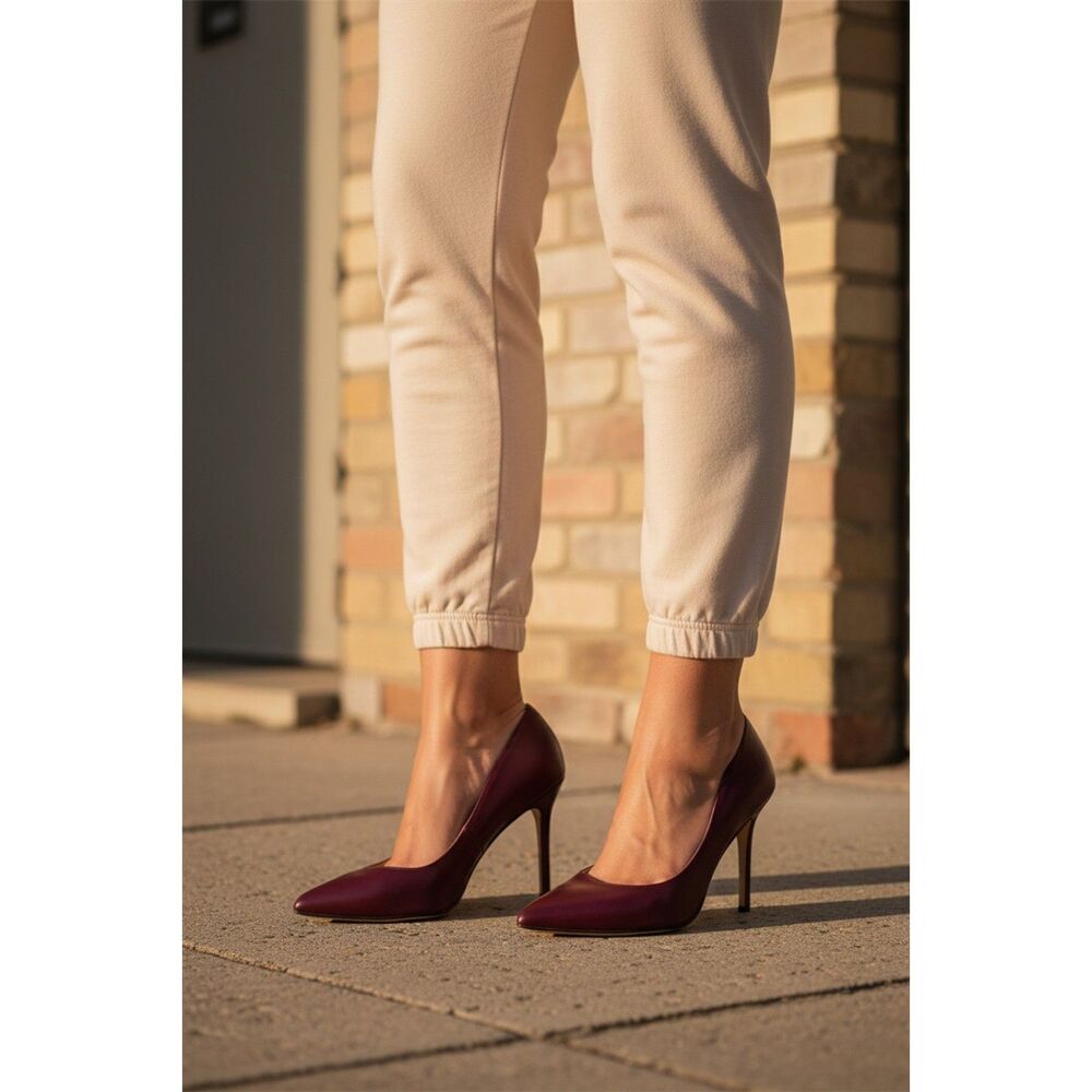 Veronica Beard Lisa Leather Pointed Toe Stiletto Pumps Burgundy Wine Size 9